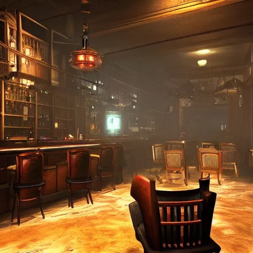 Image similar to In the world of rapture from the world of bioshock you are in a bar, there is a window that lets you see the whole city underwater and you are drinking a rum and coke