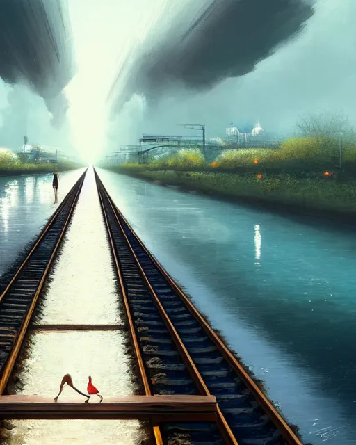 Image similar to photo of girl walking along submerged train tracks reflective water toward a station in the distance, wide horizon, large white clouds, intricate, elegant, highly detailed, digital painting, artstation, concept art, smooth, sharp focus, illustration, art by artgerm and greg rutkowski and fra angelico