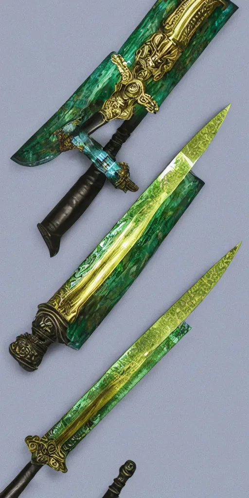 Image similar to photograph of a wide green and teal crystal double - edged sword blade attached to a big gold sword hilt