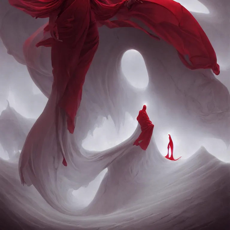 Image similar to one lone singular swirling otherworldly angel shrouded in red robes emerges from extensive barren white dunescape, matte painting by peter mohrbacher and filip hodas, background basilica! sacrecoeur!, godrays, high contrast, highly detailed, a