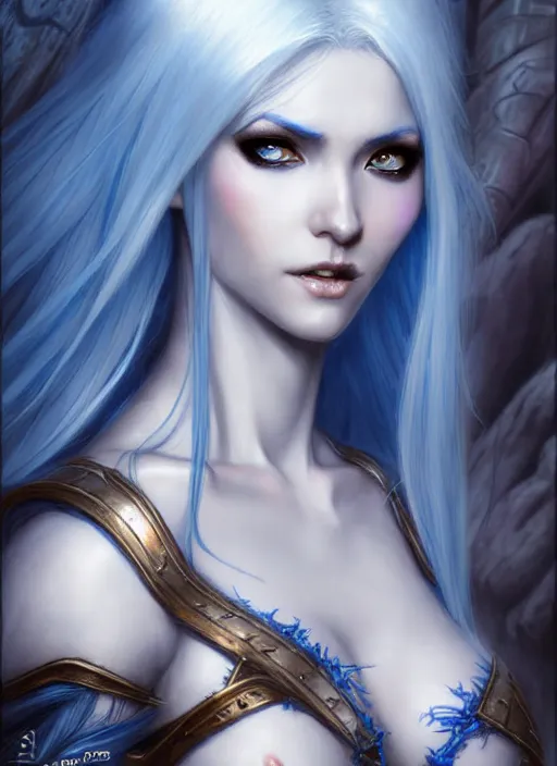 Image similar to d & d concept art of gorgeous elven woman with blue hair in the style of stefan kostic, realistic, half body shot, sharp focus, 8 k high definition, insanely detailed, intricate, elegant, art by stanley lau and artgerm, luis royo, foggy backgeound, fantasy