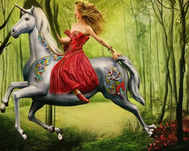 Image similar to woman riding a unicorn in enchanted forest, tiktok painting by annie liebovitz