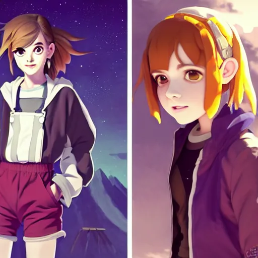 Image similar to beautiful boyish emma watson in majora's mask, wearing oversized mayan bomber jacket with overalls and leotard, bulky poofy bomber jacket with mayan patterns, aztec street fashion, gapmoe yandere grimdark, trending on pixiv fanbox, painted by greg rutkowski makoto shinkai takashi takeuchi studio ghibli, akihiko yoshida