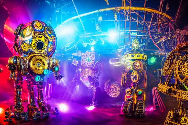 Image similar to scene is elrow party in privilege in ibiza, portrait photo of a giant huge golden and blue metal steampunk robot, with gears and tubes, eyes are glowing red lightbulbs, shiny crisp finish, 3 d render, 8 k, insaneley detailed, fluorescent colors, haluzinogetic, background is multicolored lasershow