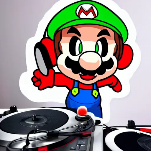 Image similar to svg sticker of a Pop-Wonder SuperMario, Mario-Wearing-a-red-hat, at a rave, spinning records, giant headphones rocking out, wearing headphones, huge speakers, dancing, rave, DJ, spinning records, digital art, amazing composition, rule-of-thirds, award-winning, trending on artstation, featured on deviantart