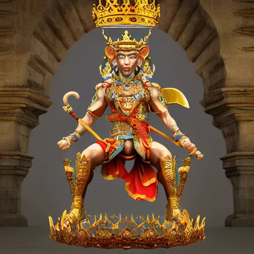 Image similar to monkey king godly lord of monkeys, wearing a crown, holding a staff, sitting in throne 8 k render high detail