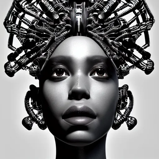 Image similar to portrait of an absurdly beautiful, graceful, sophisticated, fashionable african cyberpunk mechanoid gravure idol, ultrafine hyperdetailed illustration by irakli nadar, matt wisniewski style, marvel comics, intricate linework, black porcelain skin, neon jellyfish headdress, ivory carved ruff, unreal engine 5 highly rendered, global illumination, radiant light, detailed and intricate environment