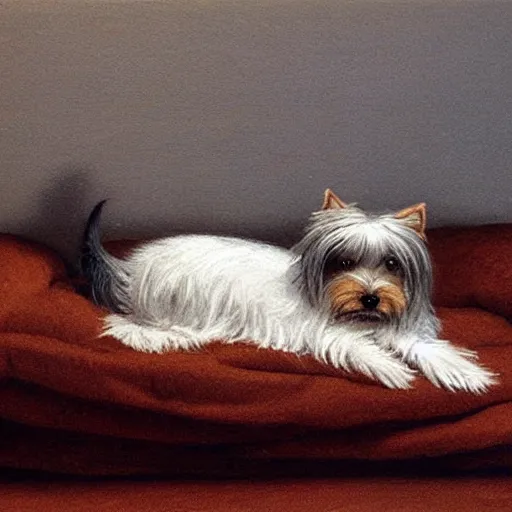 Image similar to an old happy brown and gray Yorkshire terrier dog lounging in a white bed, long hair, extremely detailed masterpiece, illustration, by Michael Sowa,