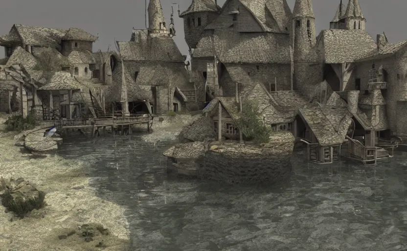 Prompt: underwater medieval village, concept art, render, blender