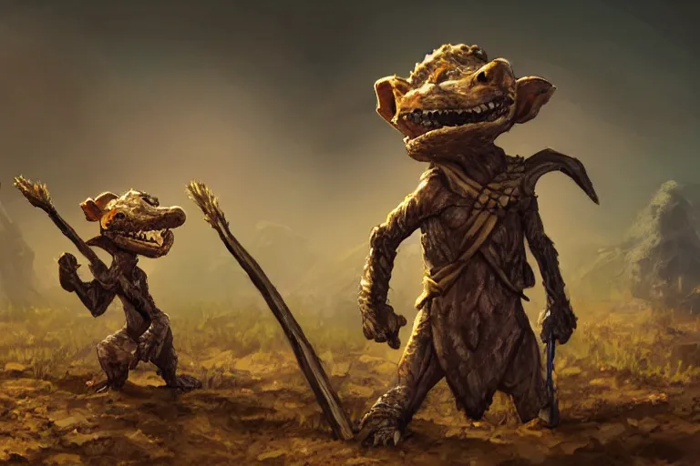 Prompt: a lone d & d kobold, traveling long dirt road, carrying a hobo stick over its shoulder, fantasy setting, 4 k, little draconic humanoid, super detailed, mood lighting, digital art