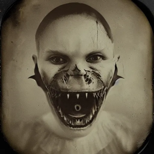 Prompt: demonic shark as human, portrait, tintype, creepy, real.