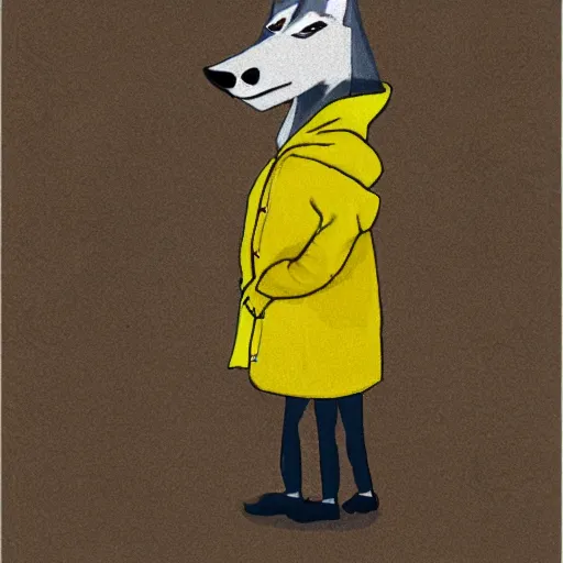 Image similar to cartoon sketch of a wolf wearing a yellow raincoat