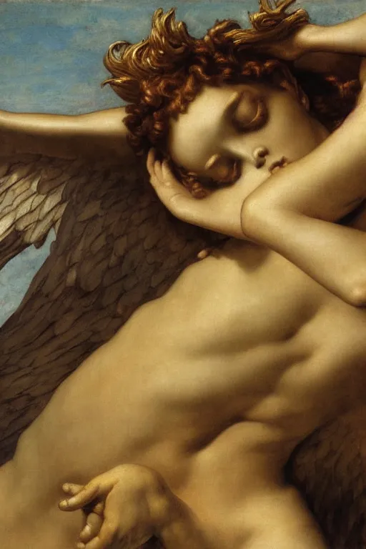 Image similar to Fallen angel by Alexandre Cabanel, face, closeup, ultra detailed, made in gold, Guido Reni style