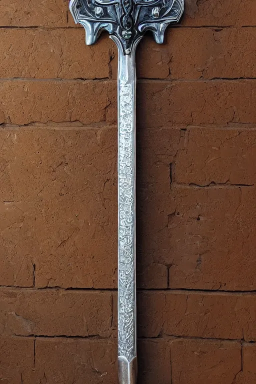 Prompt: sword of justice hanging on a wall, ornate gem in pommel, engraved blade, tip on a pillow