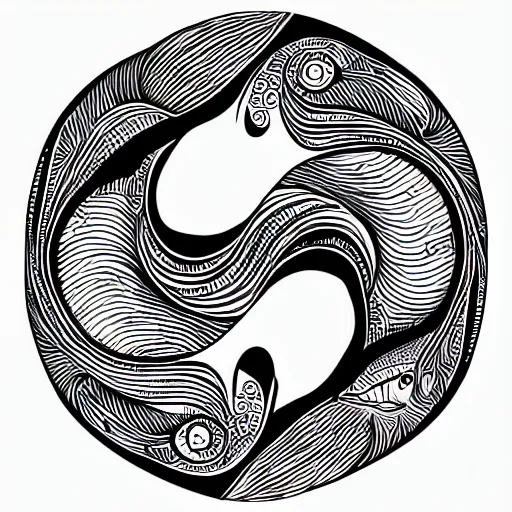 Prompt: 2 fish with fins in ying yang style,scaly and highly detailed, illustration, immaculately detailed