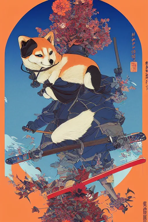 Image similar to poster of a shiba inu as a samurai, studio ghibli aesthetic, by yoichi hatakenaka, masamune shirow, josan gonzales and dan mumford, ayami kojima, takato yamamoto, barclay shaw, karol bak, yukito kishiro