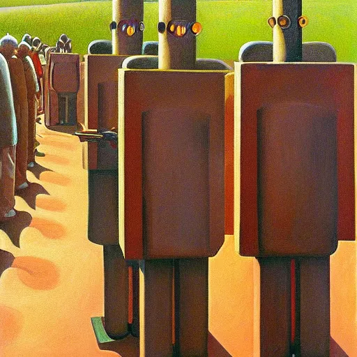 Image similar to queue of robot druids portrait, grant wood, pj crook, edward hopper, oil on canvas