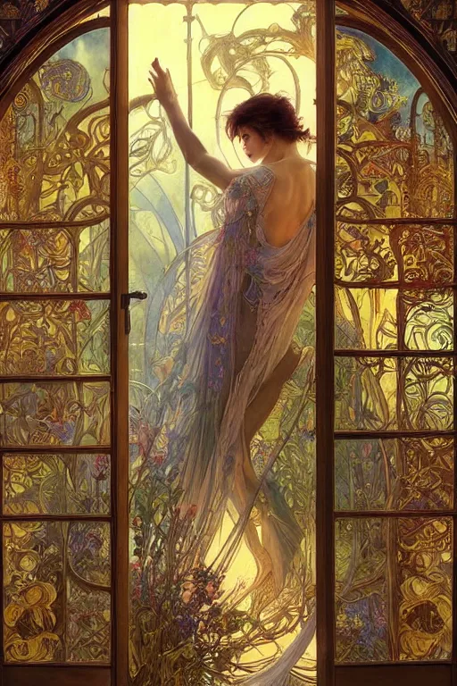 Image similar to large rustic intricately decorated wooden double door, metal handles, a view to a fantasy world, ethereal back light, mist, coherent composition, fantasy painting by noriyoshi ohrai, yuumei, alphonse mucha