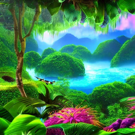 Image similar to dreamy landscape of a beautiful jungle ocean land, 3 d render