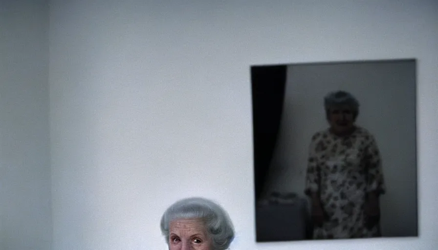 Image similar to 1 9 6 0 s movie still of a 9 0 year old lady, 2 0 0 1 a space odyssey, cinestill 8 0 0 t 3 5 mm, high quality, heavy grain, high detail, panoramic, cinematic composition, dramatic light, ultra wide lens, anamorphic, flares