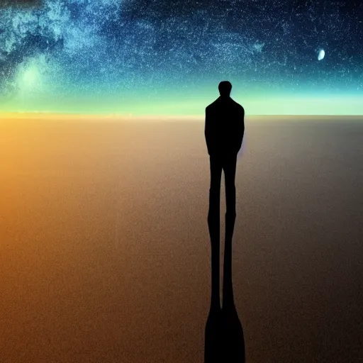 Image similar to 4K ultra HD detailed award-winning wallpaper silhouette of lonely man standing looking at Earth from far away huge vast sky universe