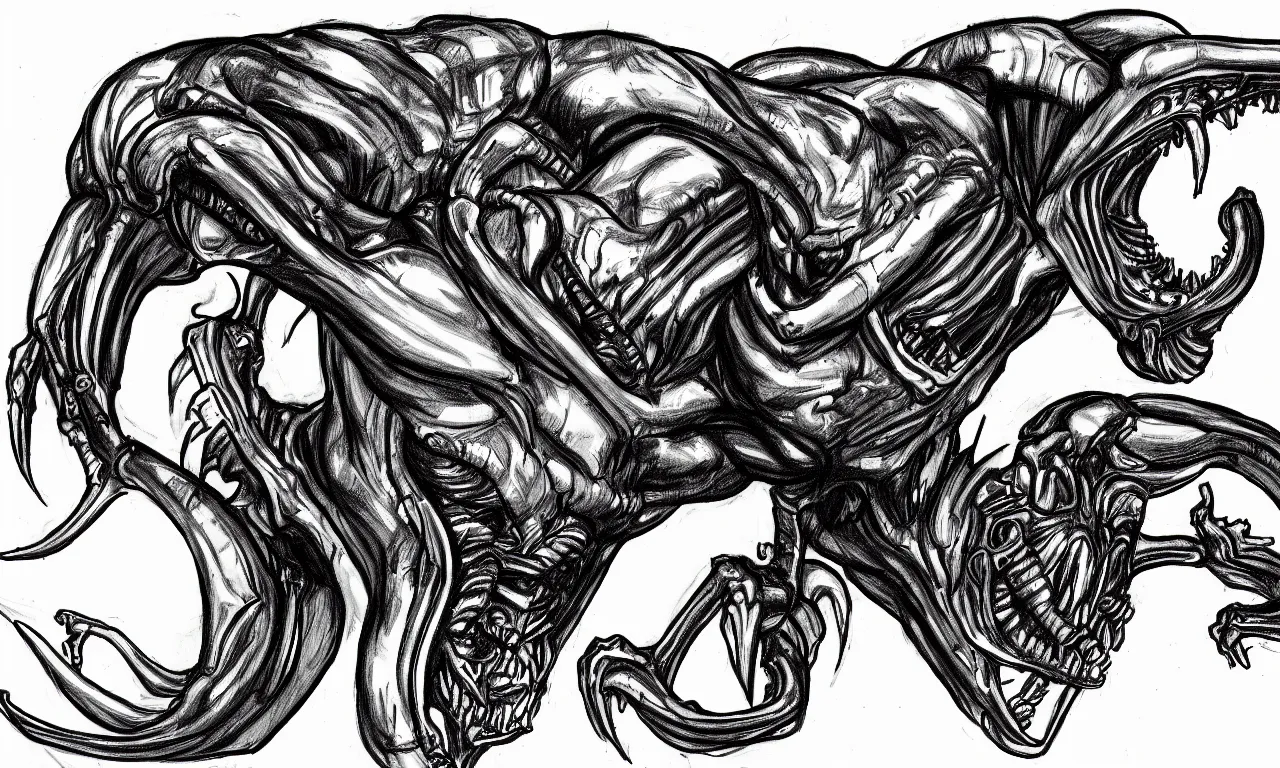 Prompt: a bad distorted rough sketch of one xenomorph drawn by a 4 year old kid