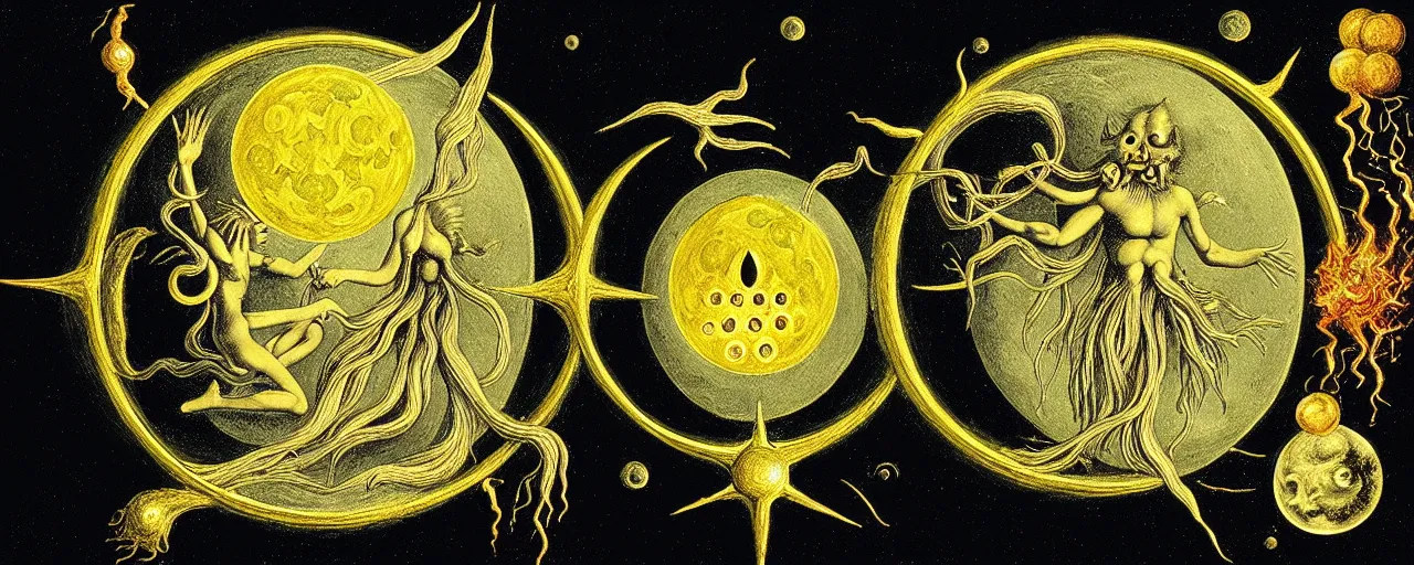 Image similar to a strange alchemical homunculus creature with a mouth of gold radiates a unique canto'as above so below'to the moon, while being ignited by the spirit of haeckel and robert fludd, breakthrough is iminent, glory be to the magic within, in honor of saturn, painted by ronny khalil