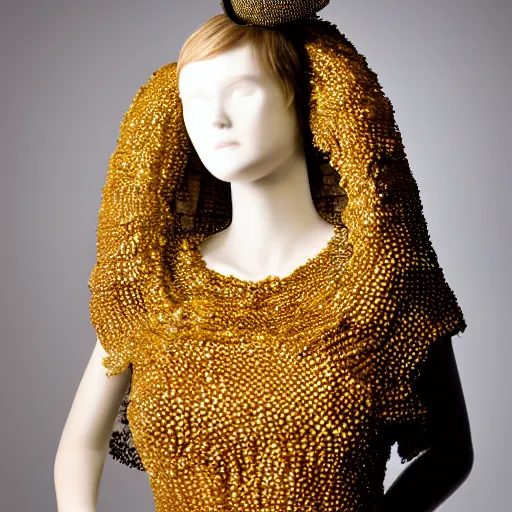 Image similar to a beautiful dress made of a real bee hive, on a mannequin. high resolution, studio lighting