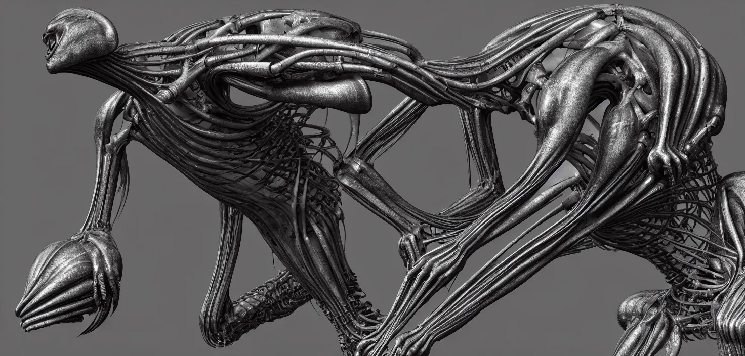 Image similar to a computer generated image of an alien creature, a computer rendering by giger, featured on zbrush central, afrofuturism, hard surface modeling, rendered in cinema 4 d, zbrush