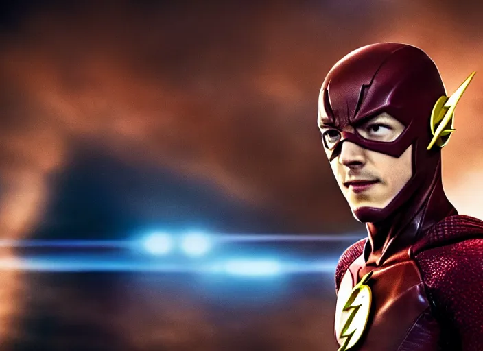 Prompt: film still of grant gustin as the flash in the new justice league!!! movie!!!, 4 k