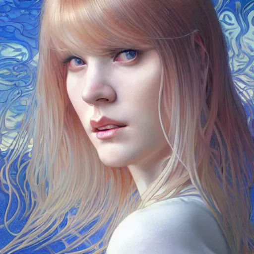 Image similar to A young woman with blonde long hair and bangs in shorts and white shirt drawn by Donato Giancola and Artgerm, face by Adam Hughes, Light by Julie Bell, design by alphonse mucha, background by James Jean and gustav klimt and John Marshall Gamble, 4k, volumetric lighting, french nouveau, trending on artstation, octane render, hyperrealistic