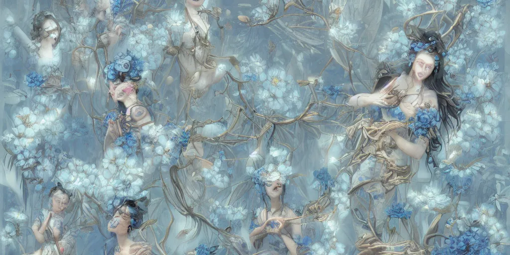 Image similar to breathtaking detailed concept art painting art deco pattern of faces goddesses amalmation light - blue flowers with anxious piercing eyes and blend of flowers and birds, by hsiao - ron cheng and john james audubon, bizarre compositions, exquisite detail, extremely moody lighting, 8 k