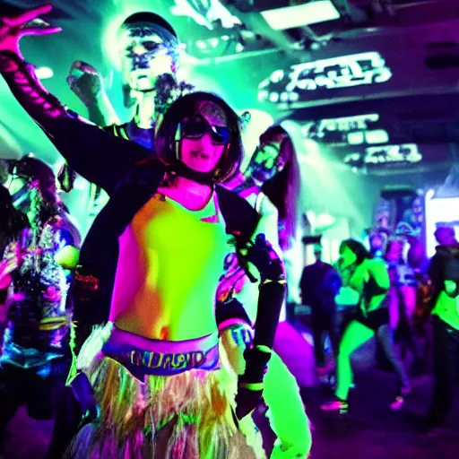 Prompt: tripped out dancers at a rave in a cyberpunk future