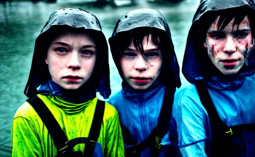 Image similar to cinestill 5 0 d candid photographic portrait by helen levitt of two cyborg kids wearing rugged neon blue mesh techwear in treacherous waters, extreme closeup, modern cyberpunk moody depressing cinematic, pouring rain, dystopian atmosphere, 8 k, hd, high resolution, 3 5 mm, f / 3 2, ultra realistic faces, ex machina