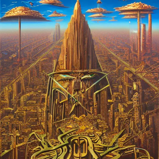 Prompt: cyberpunk by jacek yerka, alex gray, zdzisław beksiński, vladimir kush, dariusz zawadzki, jeffrey smith and h.r. giger, oil on canvas, 8k highly professionally detailed, trending on artstation