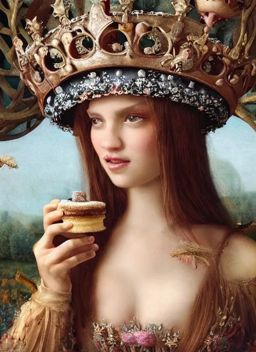 Image similar to closeup medieval bosch face portrait of a fairytale princess wearing a crown eating cakes in the castle, bikini, depth of field, zeiss lens, detailed and intricate environment, fashion photoshoot by nicoletta ceccoli, mark ryden, lostfish, breathtaking, 8 k resolution, extremely detailed, beautiful, establishing shot, artistic, hyperrealistic, octane render