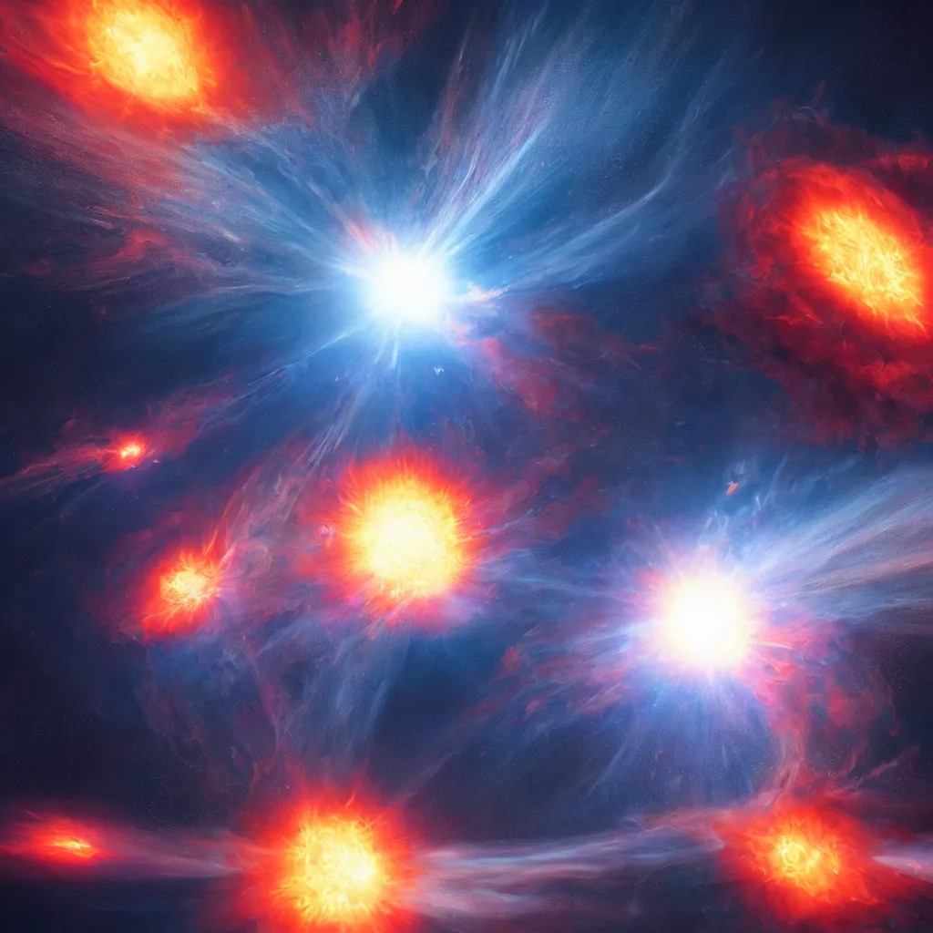 Image similar to a beautiful painting of a red giant star going supernova, volumetric lighting by jean kalin popov and greg rutkowski