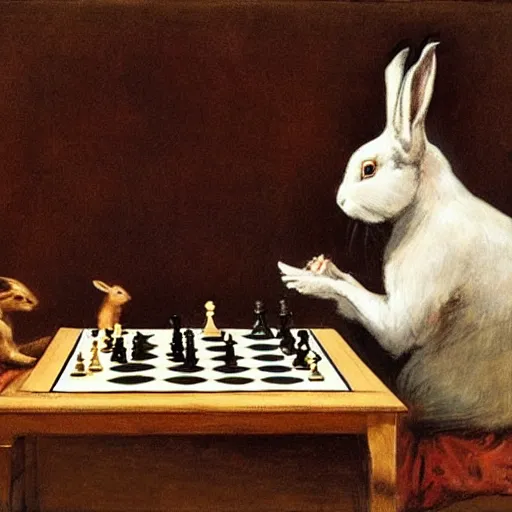 Image similar to two rabbits playing chess in the style of ilya repin