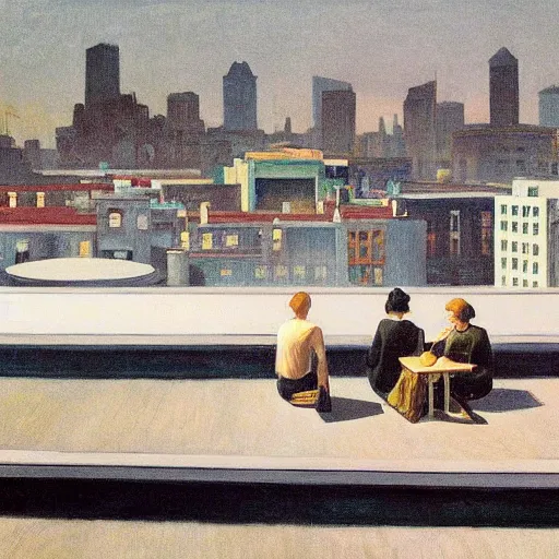 Prompt: a small rooftop with a couple of people sitting and watching the view, wearing black modern clothes, modern shanghai bund is on the background, sunset, by edward hopper, by gregory crewdson