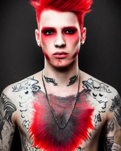 Prompt: young man with a short red dyed mohawk, red eyes and a slim face, dressed in punk clothing, headshot, attractive, handsome, in color, no makeup, model, realism art