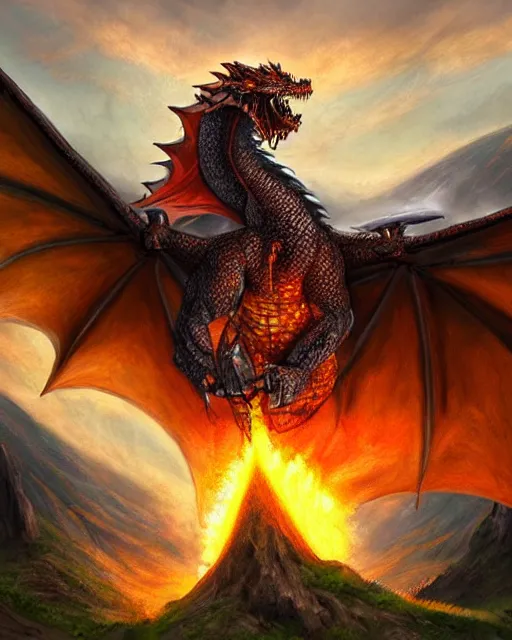 Image similar to ''dragon breathing fire, rule of thirds, fantasy, mountain landscape, d & d, digital painting, artstation, deviantart, concept art, illustration, art by dragolisco and anne stokes and nico niemi and rachael m and kaiser flames''