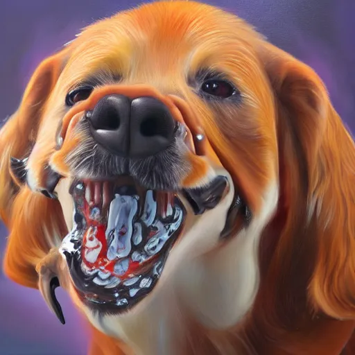 Image similar to high detail oil painting of a rabid dog, foaming with happy face bubbles, trending on artstation