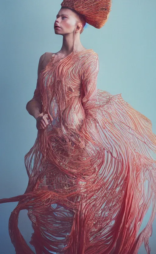 Image similar to Fashion photography of a woman wearing a dress inspired by a jellyfish, artistic photography, insanely detailed, chiaroscuro, cinestill 800t, Vogue magazine