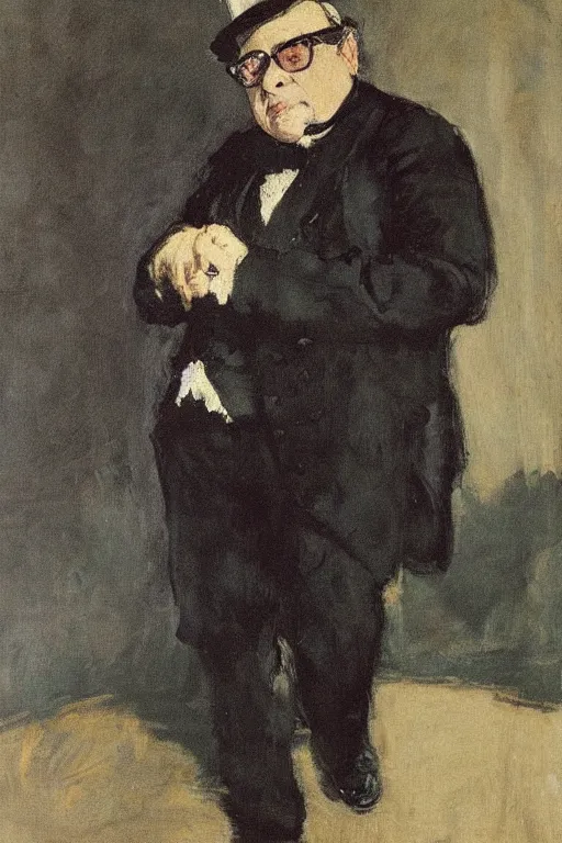 Prompt: portrait of a hulking herculean danny devito as a gentleman wearing an edwardian suit and top hat by walter sickert, john singer sargent, and william open