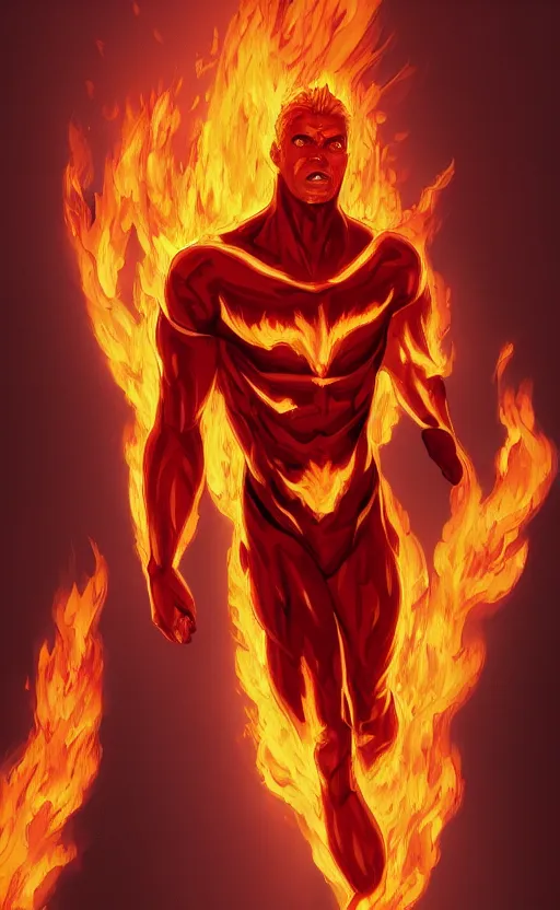Prompt: human torch, highly detailed, digital painting, artstation, standing, flames around body, facing forward, concept art, smooth, sharp focus, illustration, art by arthur adams and ross tran, in the style of krenz cushart and ilya kuvshinov, oil on canvas, high definition digital art, 8k, volumetric lighting