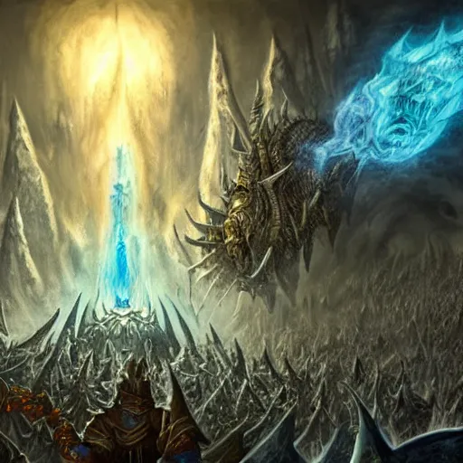 Image similar to vast ice dungeon, arthas the lich king summoning a horde of undead warriors, warcraft, warcraft artwork, mixed art, cinematic light, majestic, hyperrealistic, hyper detailed, dark fantasy, gritty