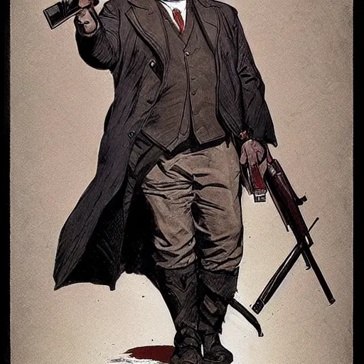 Image similar to gk chesterton as a hero with muscles and a shotgun. portrait by james gurney and craig mullins and alphonso mucha. realistic face. expressive face.