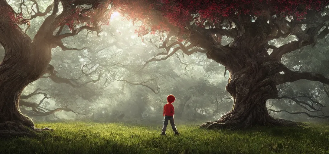 Image similar to Kid with red radioflyer standing in front of beautiful tree house in an old oak tree on a beautiful meadow with flowers, dramatic lighting, cinematic, establishing shot, extremly high detail, photo realistic, cinematic lighting, post processed, concept art, artstation, matte painting, style by eddie mendoza, raphael lacoste, alex ross