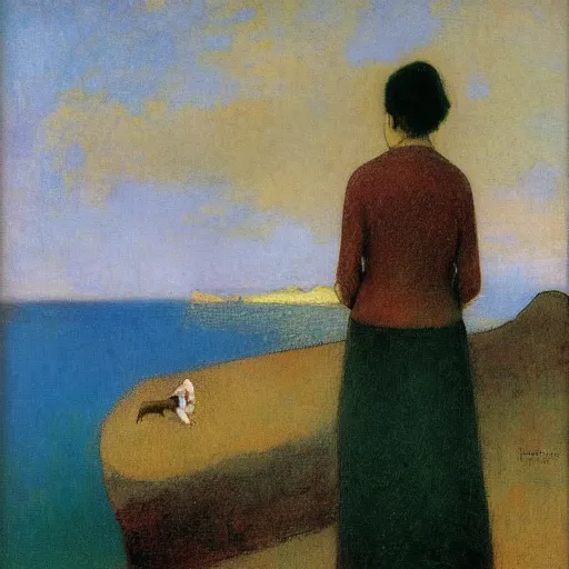 Prompt: a woman and her chiweenie looking out to sea by odilon redon