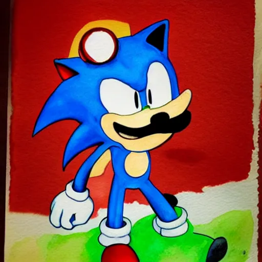 Image similar to Sonic in the style of Mario, with a mustache, beautiful watercolor art drawing, in the style of artist Simon Stalenhag s-90 - C 7